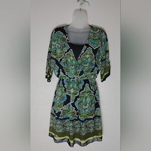 Sheer Floral Scarf Print 3/4 Sleeve Length Dress With Navy Blue Lining - Size 10